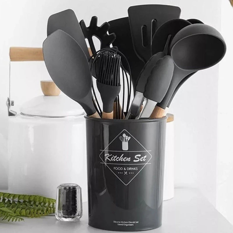 Kit 12 Utensílios de Cozinha em Silicone com Suporte | Resistente ao Calor, Ideal para Cozinhar com Segurança