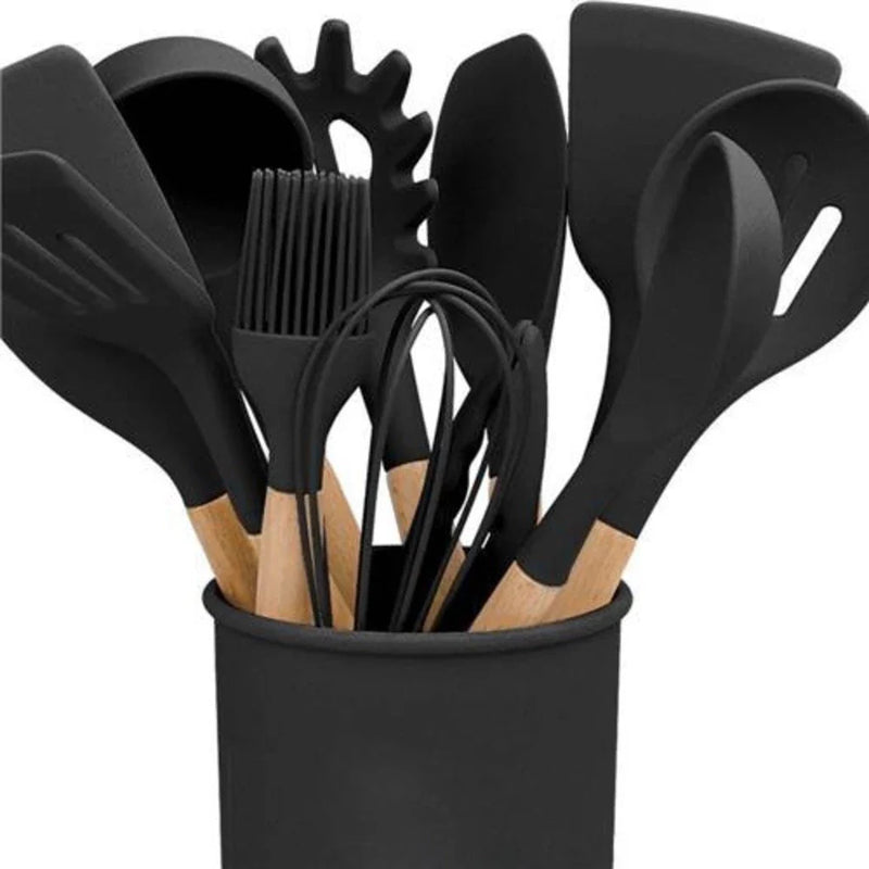 Kit 12 Utensílios de Cozinha em Silicone com Suporte | Resistente ao Calor, Ideal para Cozinhar com Segurança