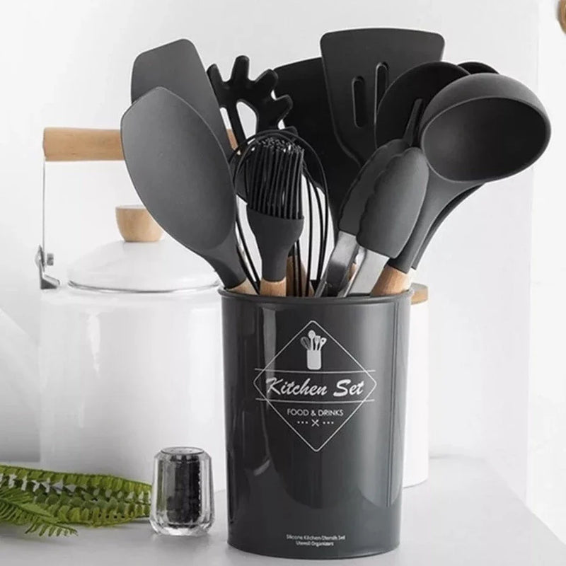 Kit 12 Utensílios de Cozinha em Silicone com Suporte | Resistente ao Calor, Ideal para Cozinhar com Segurança