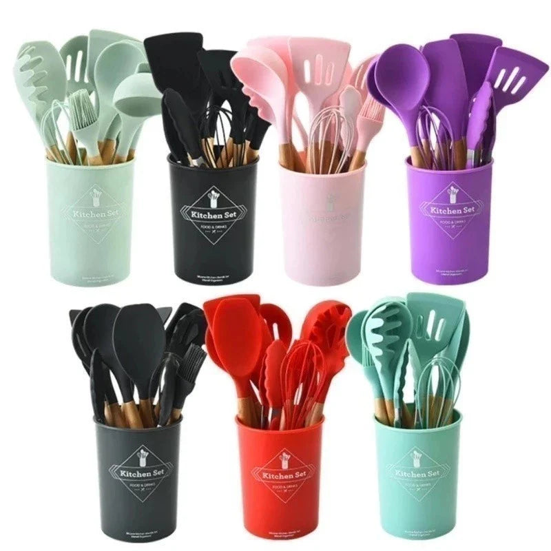 Kit 12 Utensílios de Cozinha em Silicone com Suporte | Resistente ao Calor, Ideal para Cozinhar com Segurança