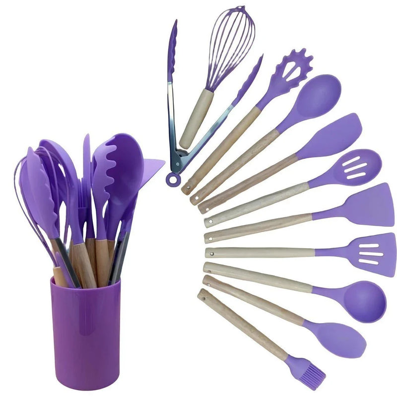 Kit 12 Utensílios de Cozinha em Silicone com Suporte | Resistente ao Calor, Ideal para Cozinhar com Segurança